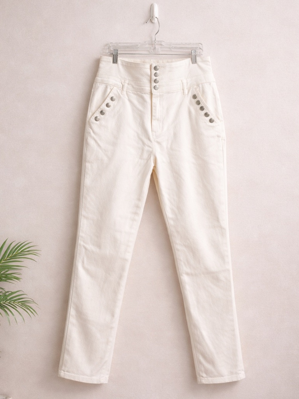 SHEIN White High Rise Button Front  Stud Detail Jeans 2xl